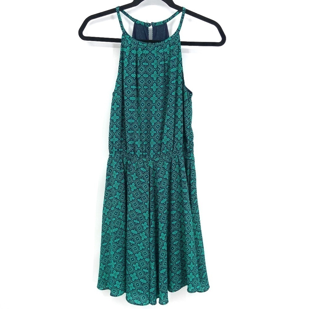 BANANA REPUBLIC Green Navy Blue Sleeveless Halter Stretch Waist Mini Dress XS